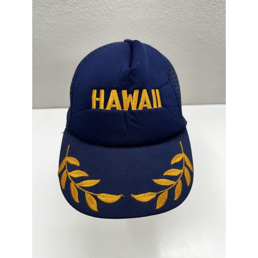 R.O.C Trucker Hat Hawaii Mesh Adjustable Snap Back Cap Blue Yellow Leafs Vintage